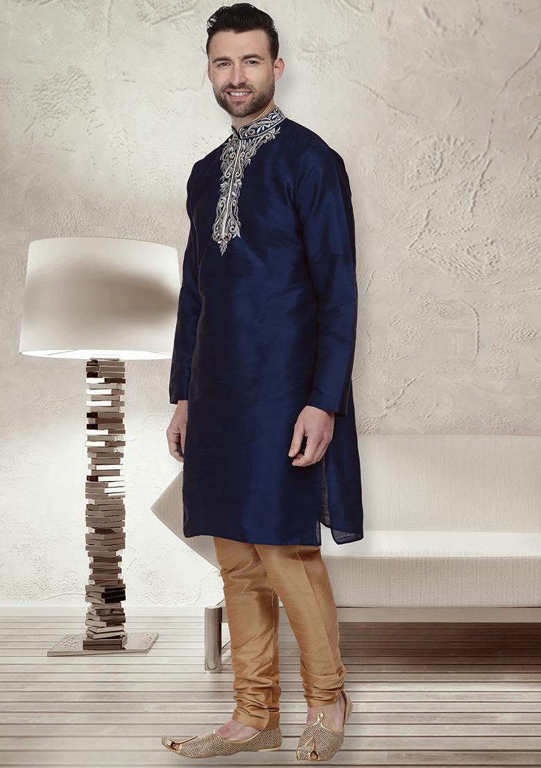 Navy Blue Traditional Dupion Silk Kurta For Men - Indya