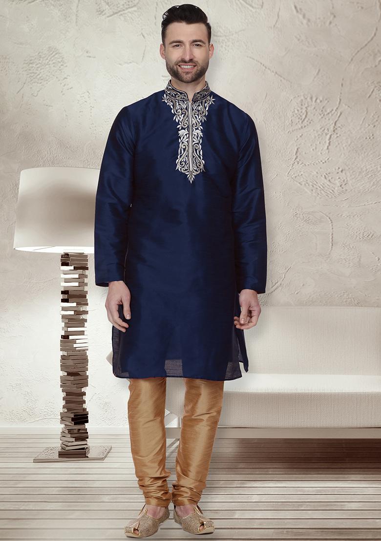 Navy Blue Traditional Dupion Silk Kurta For Men - Indya
