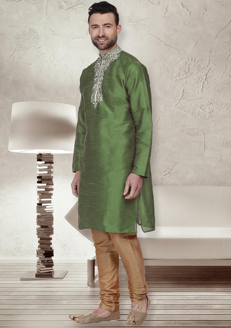 Mehandi Green Traditional Dupion Silk Kurta For Men - Indya