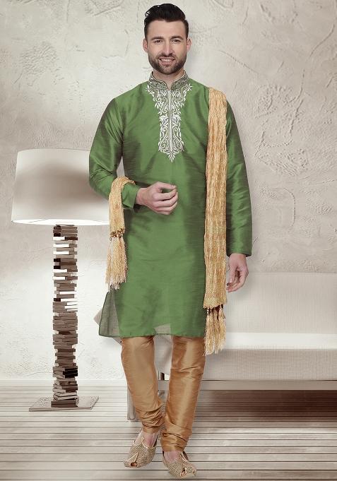 Mehandi Green Traditional Dupion Silk Blend Kurta For Men