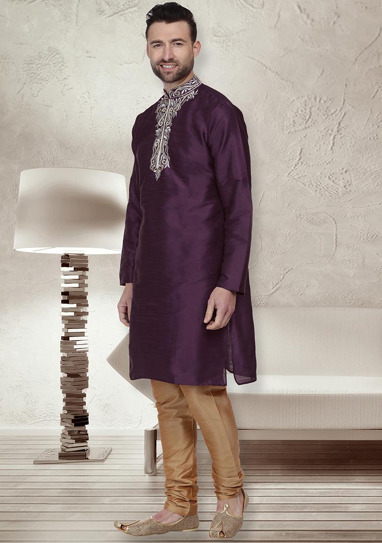 Purple Traditional Dupion Silk Kurta For Men - Indya