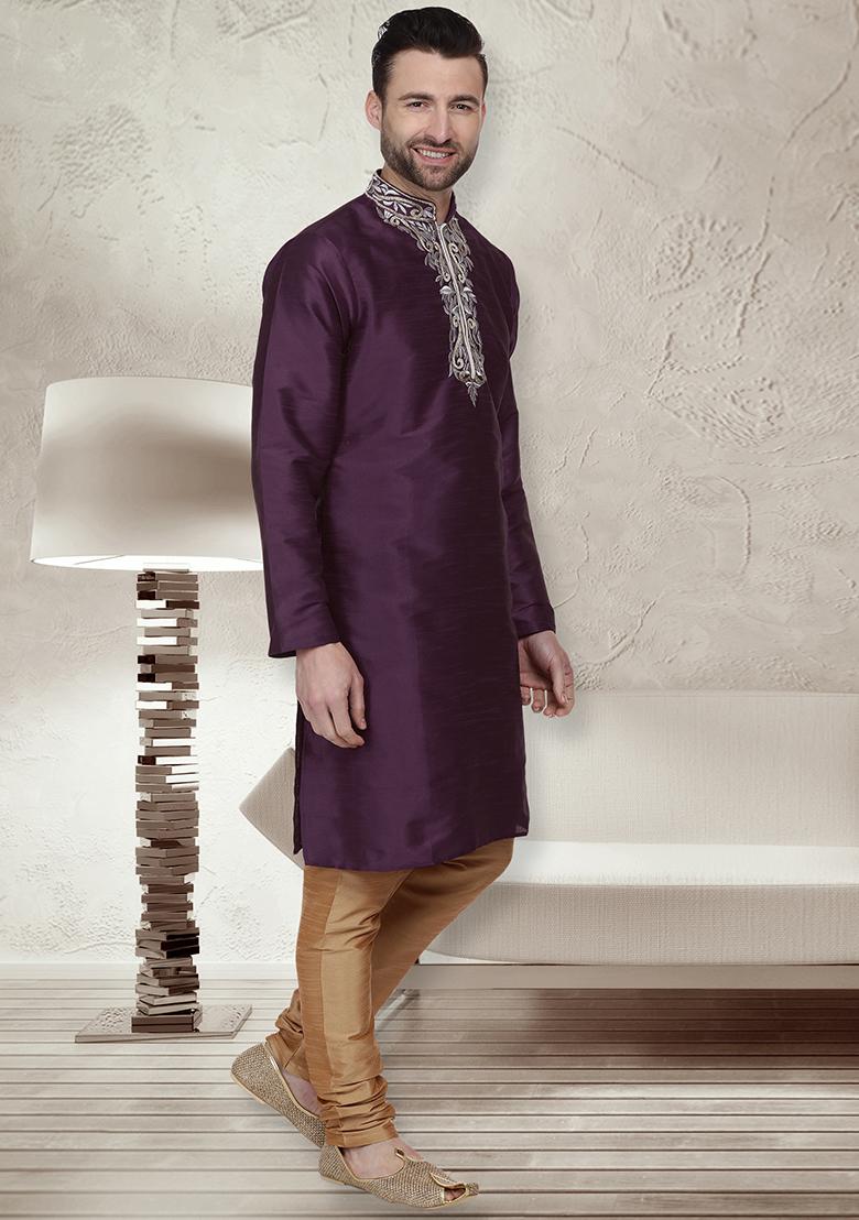 Purple Traditional Dupion Silk Kurta For Men - Indya