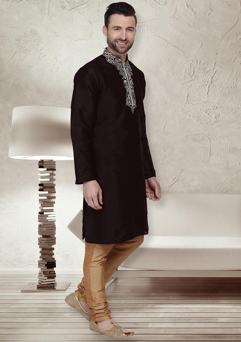 Black Traditional Dupion Silk Kurta For Men - Indya