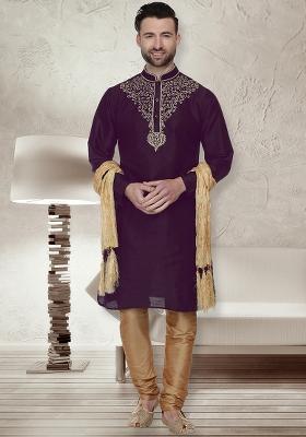 Purple Traditional Dupion Silk Kurta For Men