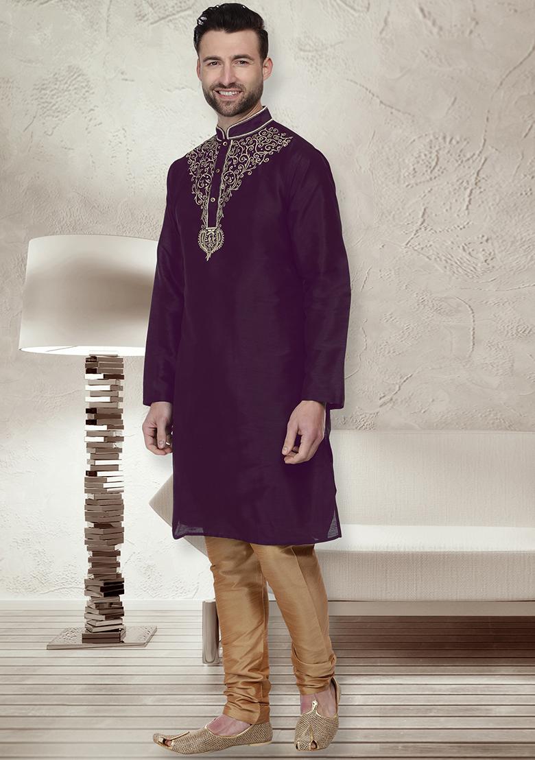 Purple Traditional Dupion Silk Kurta For Men - Indya