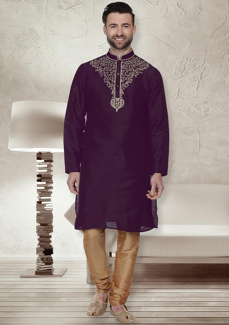 Purple Traditional Dupion Silk Kurta For Men - Indya