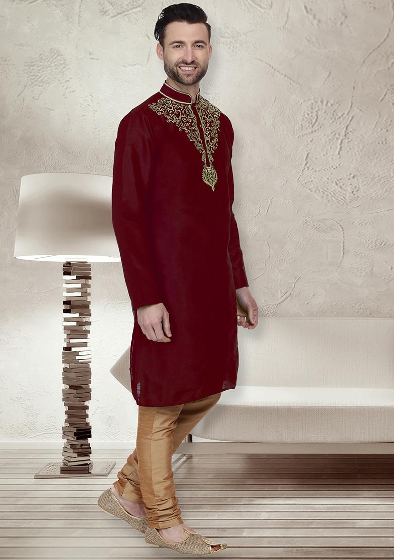 Maroon Traditional Dupion Silk Kurta For Men - Indya