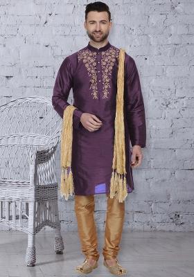 Purple Traditional Dupion Silk Kurta For Men