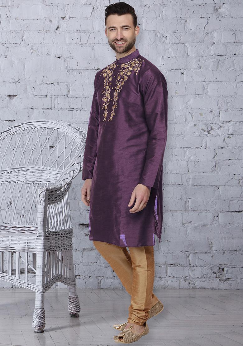 Purple Traditional Dupion Silk Kurta For Men - Indya