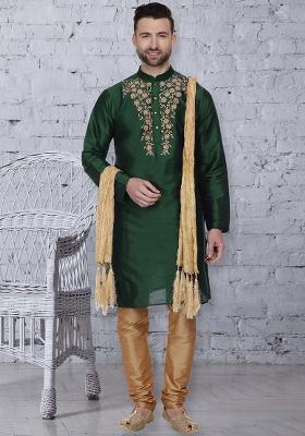 Bottle Green Traditional Dupion Silk Kurta For Men