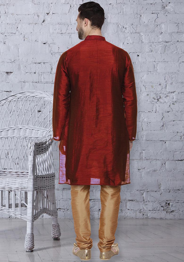 Maroon Traditional Dupion Silk Kurta For Men - Indya