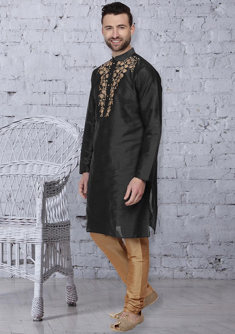 Black Traditional Dupion Silk Kurta For Men - Indya