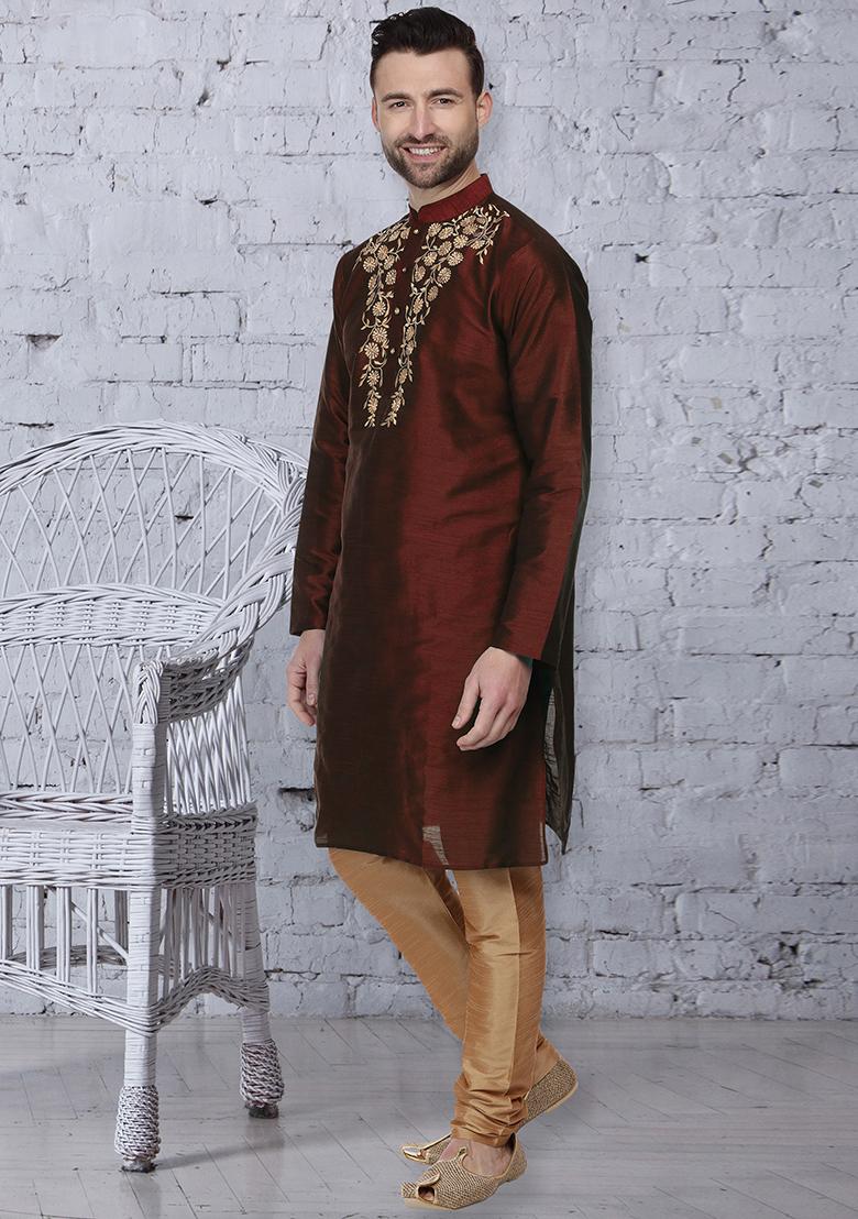 Brown Traditional Dupion Silk Kurta For Men - Indya
