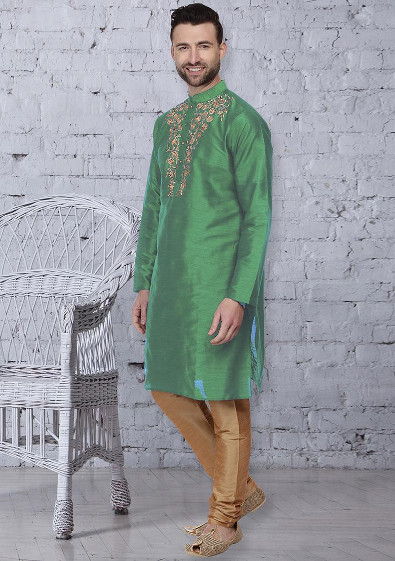 Pista Green Traditional Dupion Silk Kurta For Men - Indya