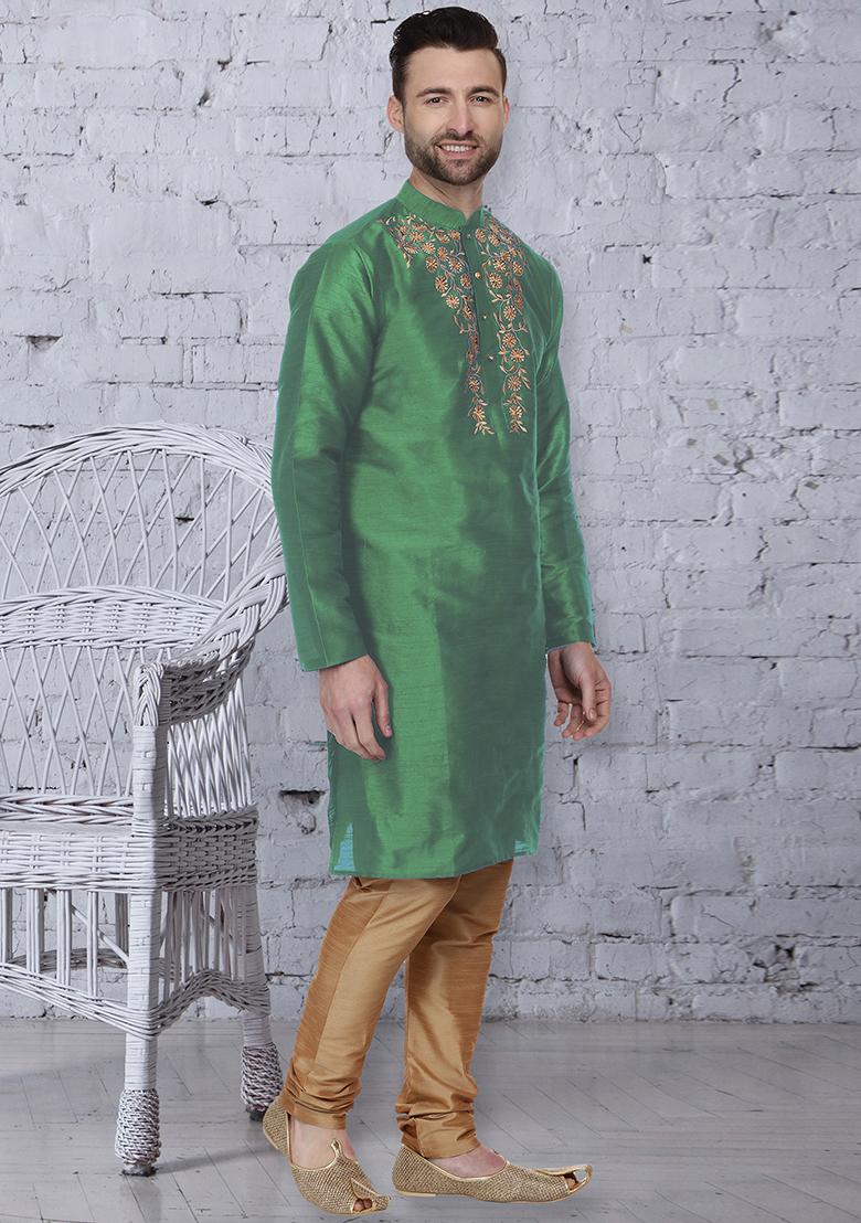 Pista Green Traditional Dupion Silk Kurta For Men - Indya