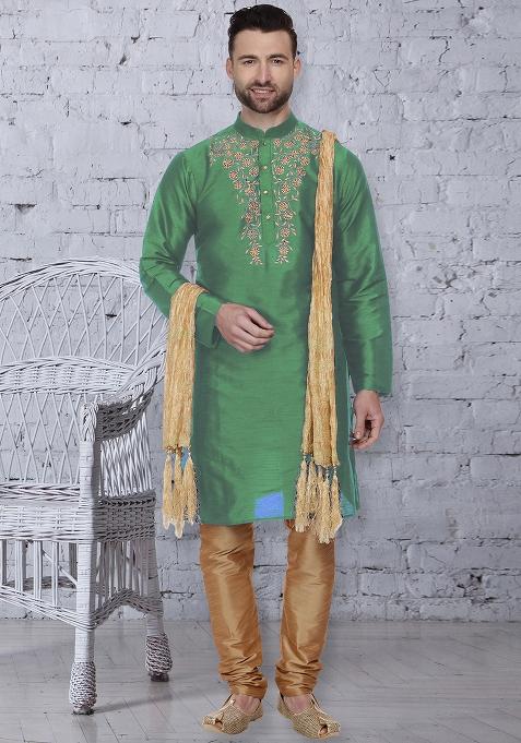 Pista Green Traditional Dupion Silk Blend Kurta For Men