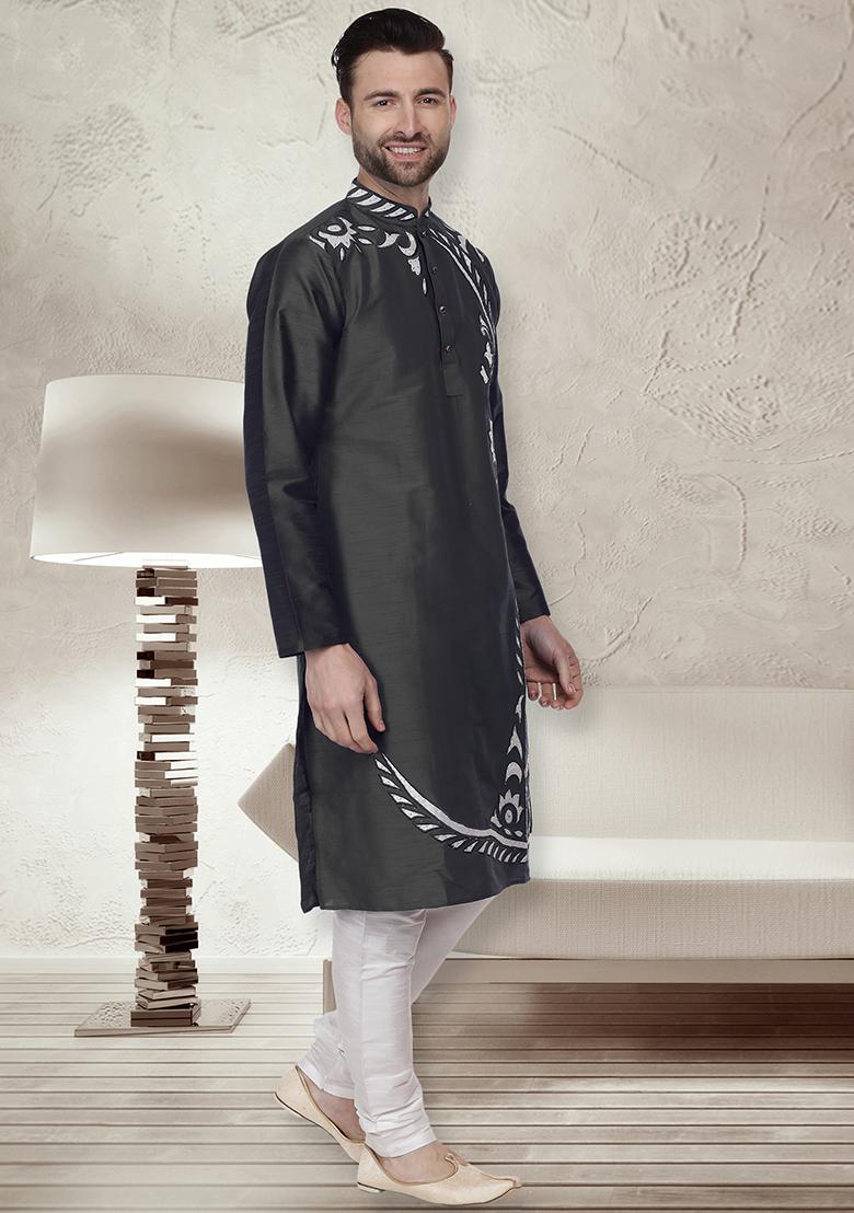 Black Traditional Dupion Silk Kurta For Men - Indya