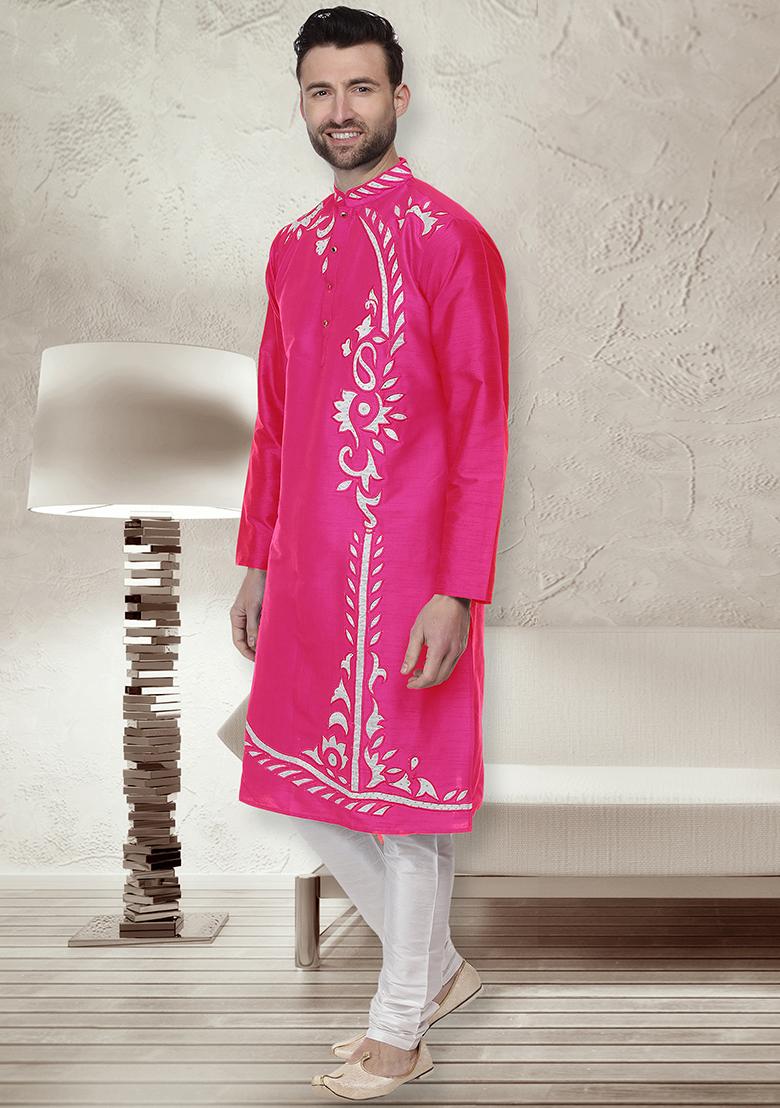 Dark Pink Traditional Dupion Silk Kurta For Men - Indya