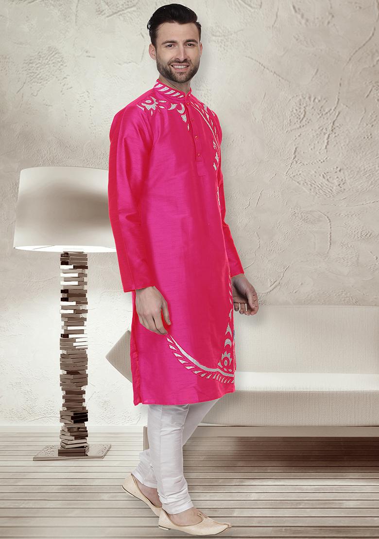 Dark Pink Traditional Dupion Silk Kurta For Men - Indya