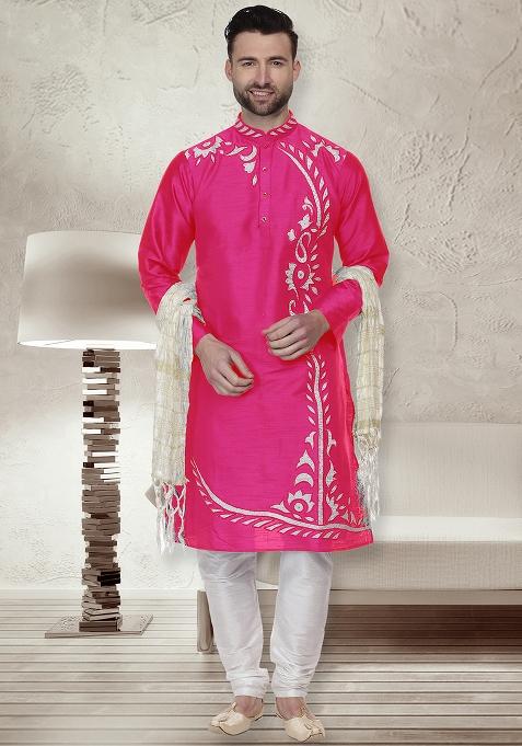Dark Pink Traditional Dupion Silk Kurta For Men