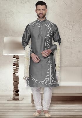 Dark Grey Traditional Dupion Silk Kurta For Men