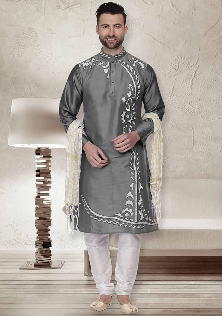 Dark Grey Traditional Dupion Silk Blend Kurta For Men - Indya