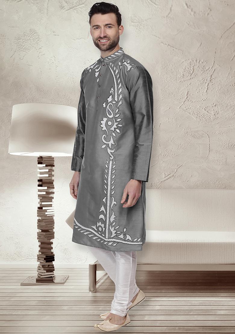 Dark Grey Traditional Dupion Silk Kurta For Men - Indya