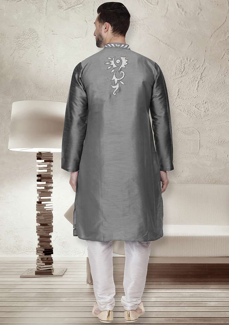 Dark Grey Traditional Dupion Silk Blend Kurta For Men - Indya