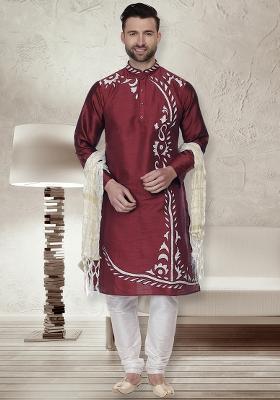 Maroon Traditional Dupion Silk Kurta For Men