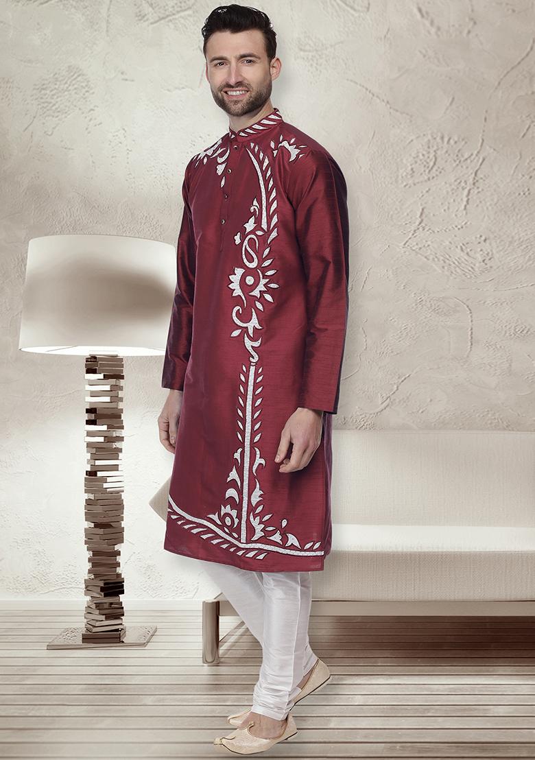 Maroon Traditional Dupion Silk Kurta For Men - Indya