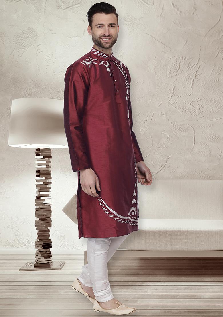 Maroon Traditional Dupion Silk Kurta For Men - Indya