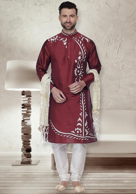 Maroon Traditional Dupion Silk Kurta For Men