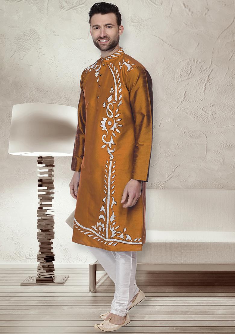 Mustred Traditional Dupion Silk Kurta For Men - Indya