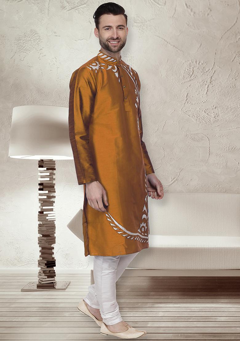 Mustred Traditional Dupion Silk Kurta For Men - Indya