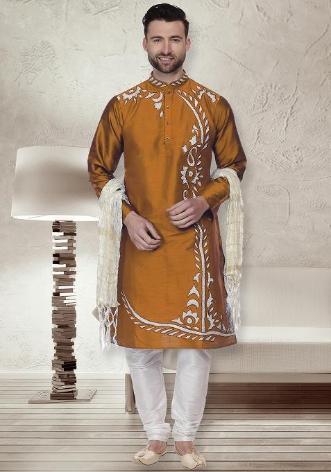 Mustred Traditional Dupion Silk Kurta For Men