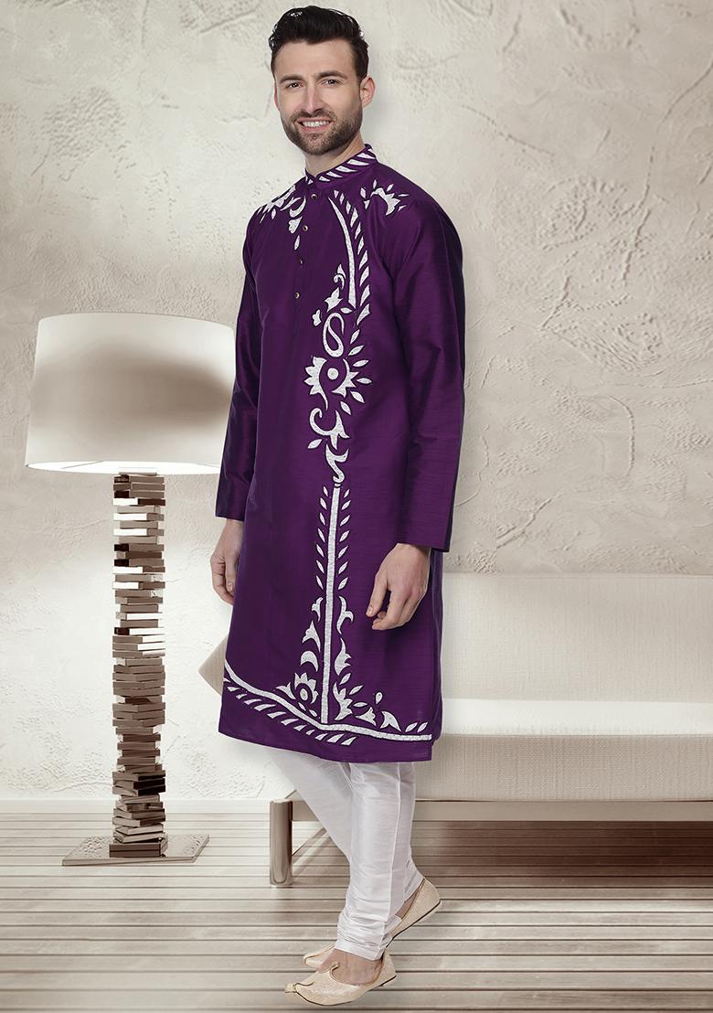 Purple Traditional Dupion Silk Kurta For Men - Indya