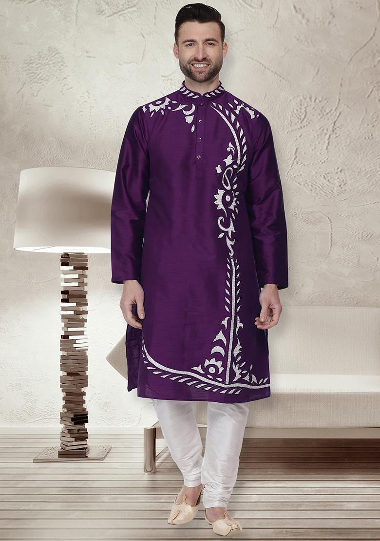 Purple Traditional Dupion Silk Kurta For Men - Indya