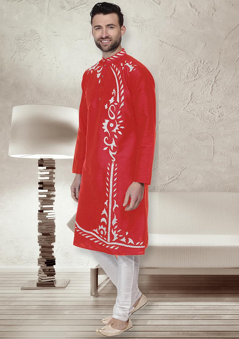 Red Traditional Dupion Silk Kurta For Men - Indya