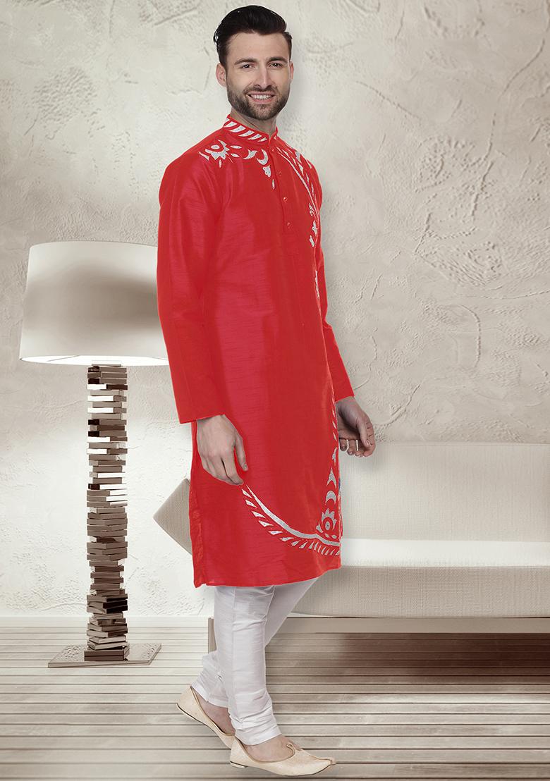 Red Traditional Dupion Silk Kurta For Men - Indya