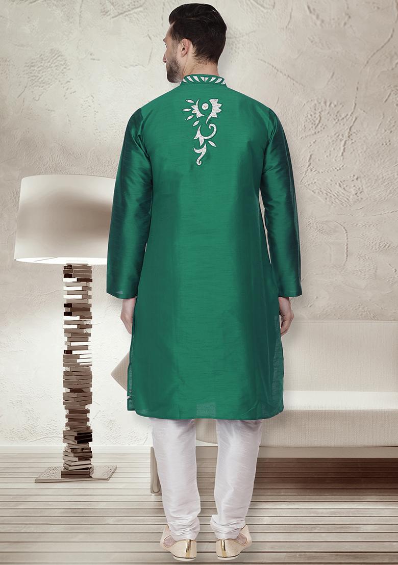 Sea Green Traditional Dupion Silk Kurta For Men - Indya