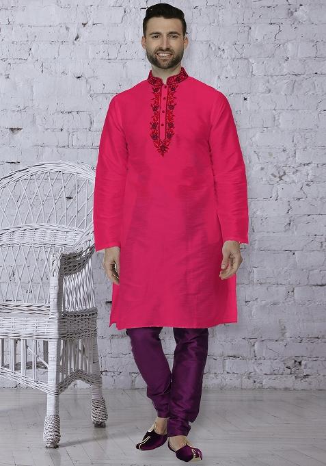 Dark Pink Traditional Dupion Silk Kurta For Men