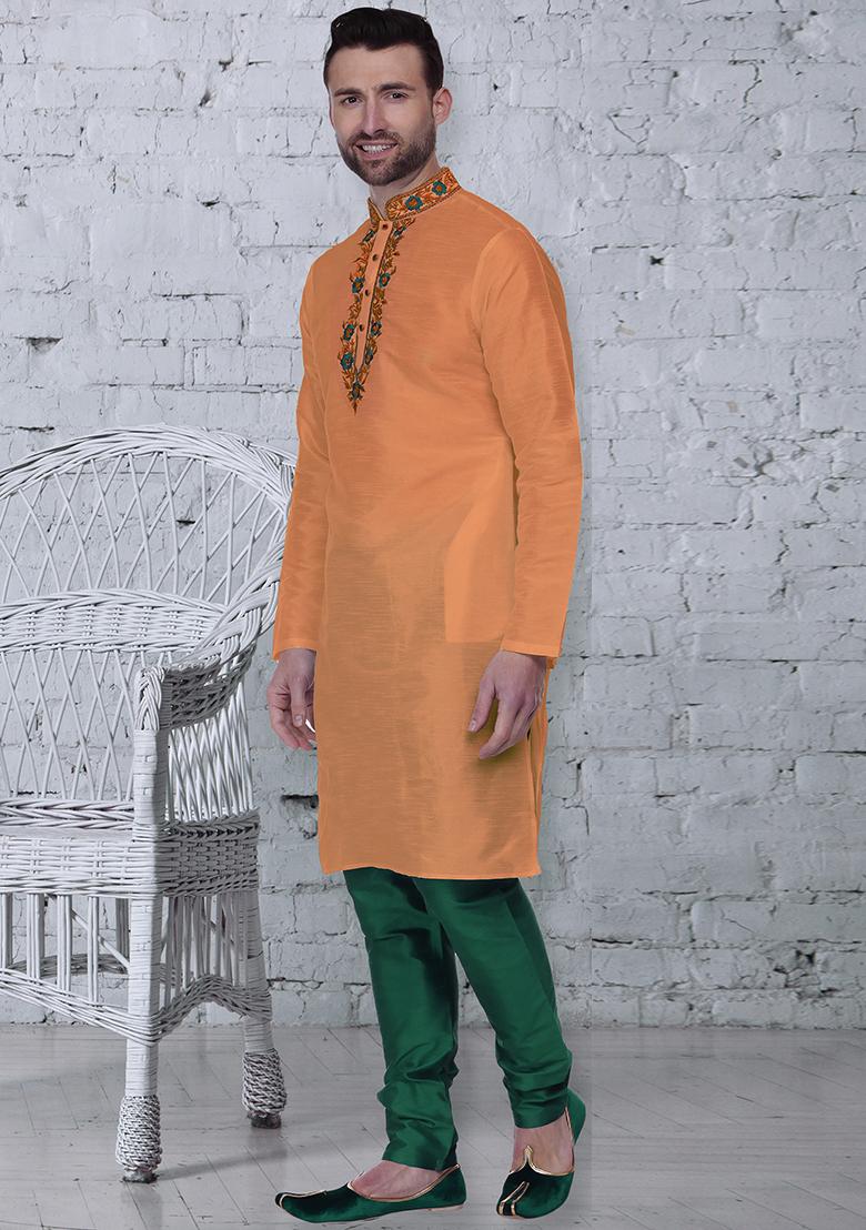 Orange Traditional Dupion Silk Kurta For Men - Indya