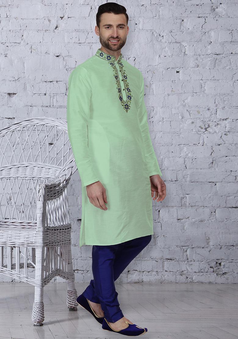 Pista Green Traditional Dupion Silk Kurta For Men - Indya