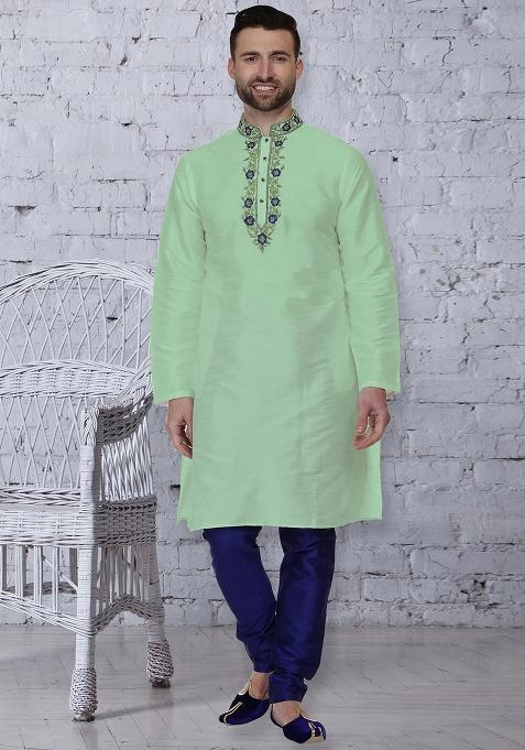 Pista Green Traditional Dupion Silk Blend Kurta For Men