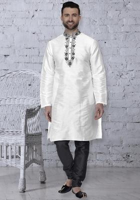 White Traditional Dupion Silk Kurta For Men