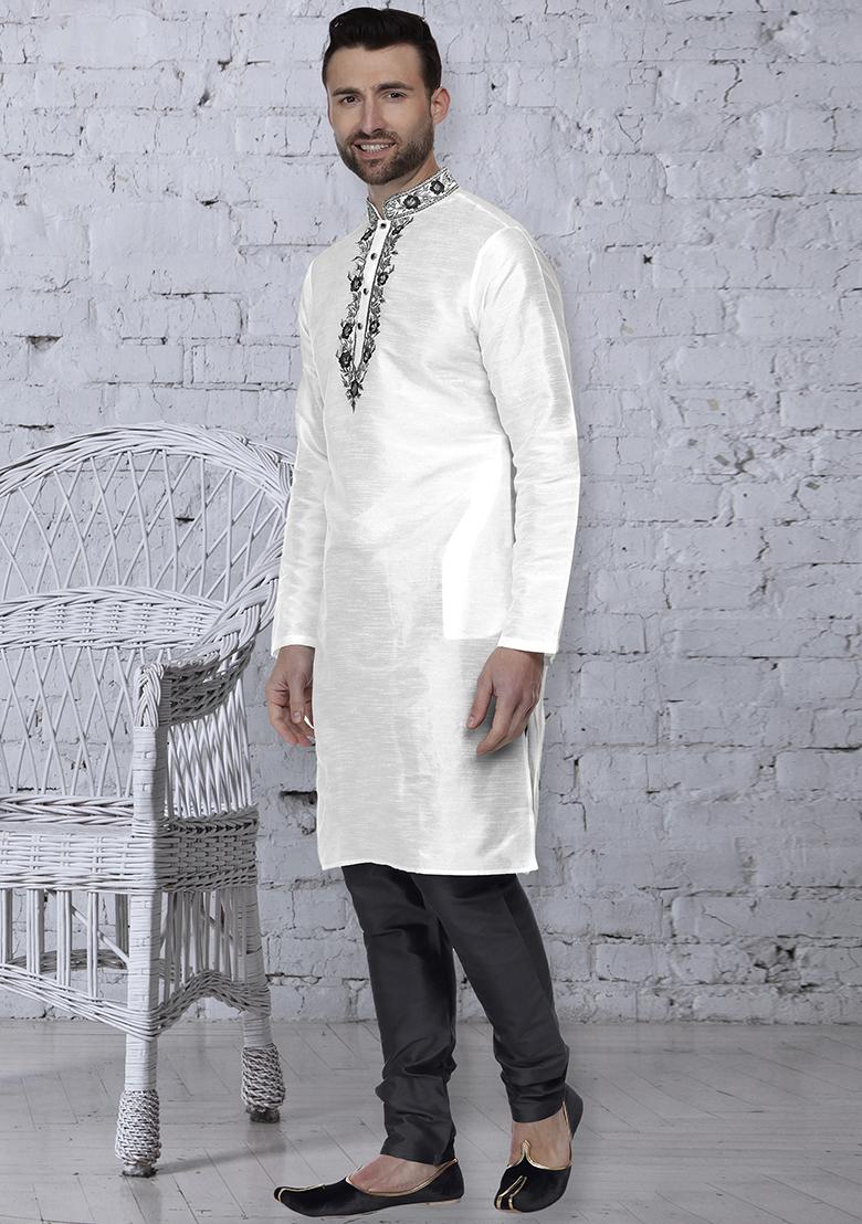 White Traditional Dupion Silk Kurta For Men - Indya