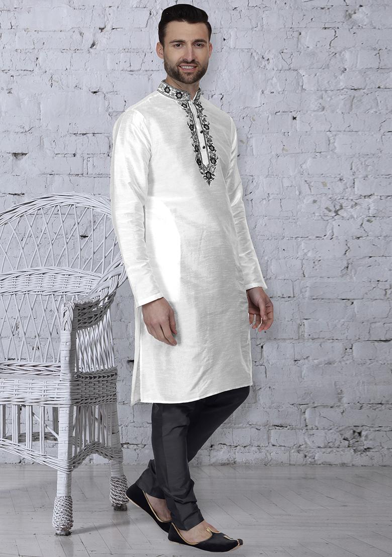 White Traditional Dupion Silk Kurta For Men - Indya