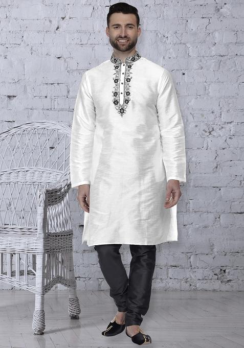 White Traditional Dupion Silk Blend Kurta For Men