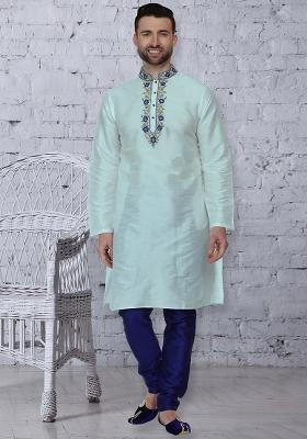 Light Blue Traditional Dupion Silk Kurta For Men