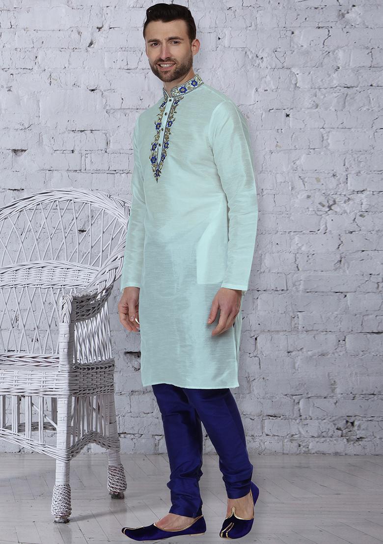 Light Blue Traditional Dupion Silk Kurta For Men - Indya